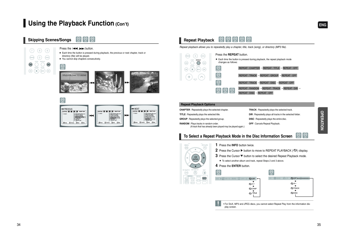 Samsung HT-WX70 instruction manual Using the Playback Function Con’t, Skipping Scenes/Songs DVD CDMP3 