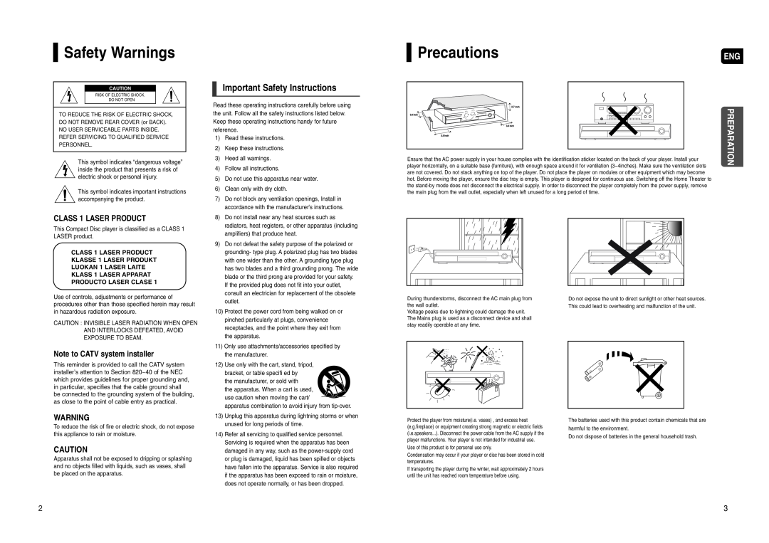 Samsung HT-WX70 Safety Warnings, Precautions, Important Safety Instructions, Preparation, Producto Laser Clase 