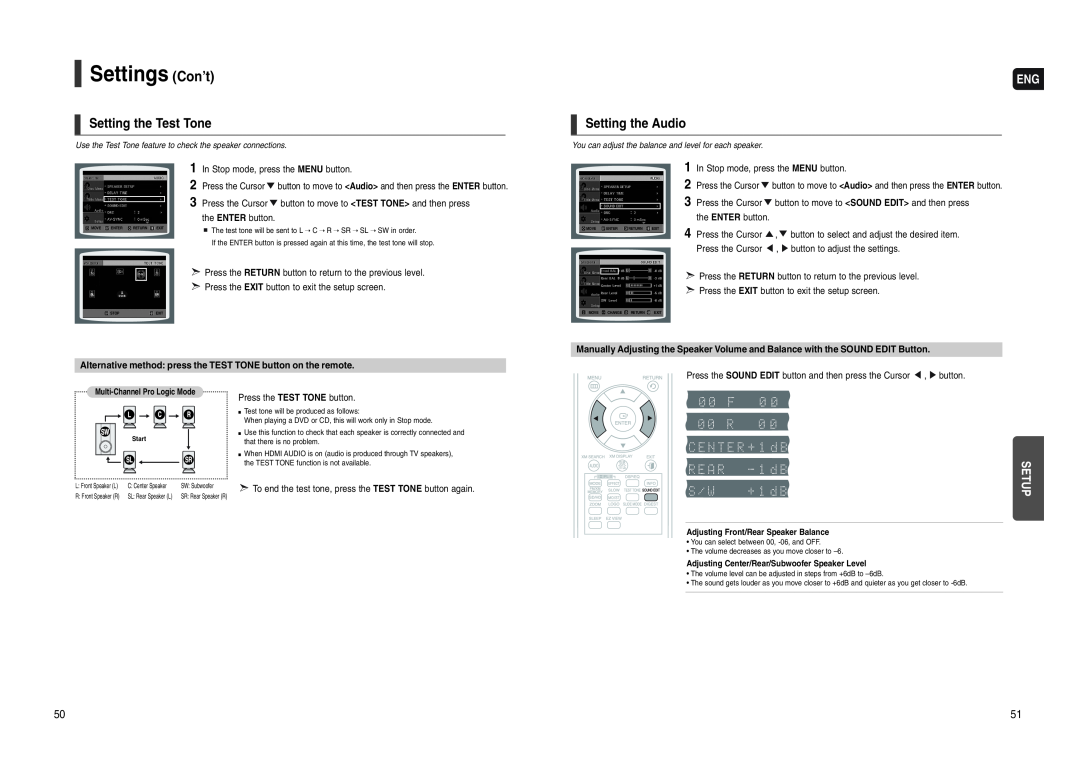 Samsung HT-WX70 instruction manual Setting the Test Tone, Setting the Audio, Settings Con’t, Setup 