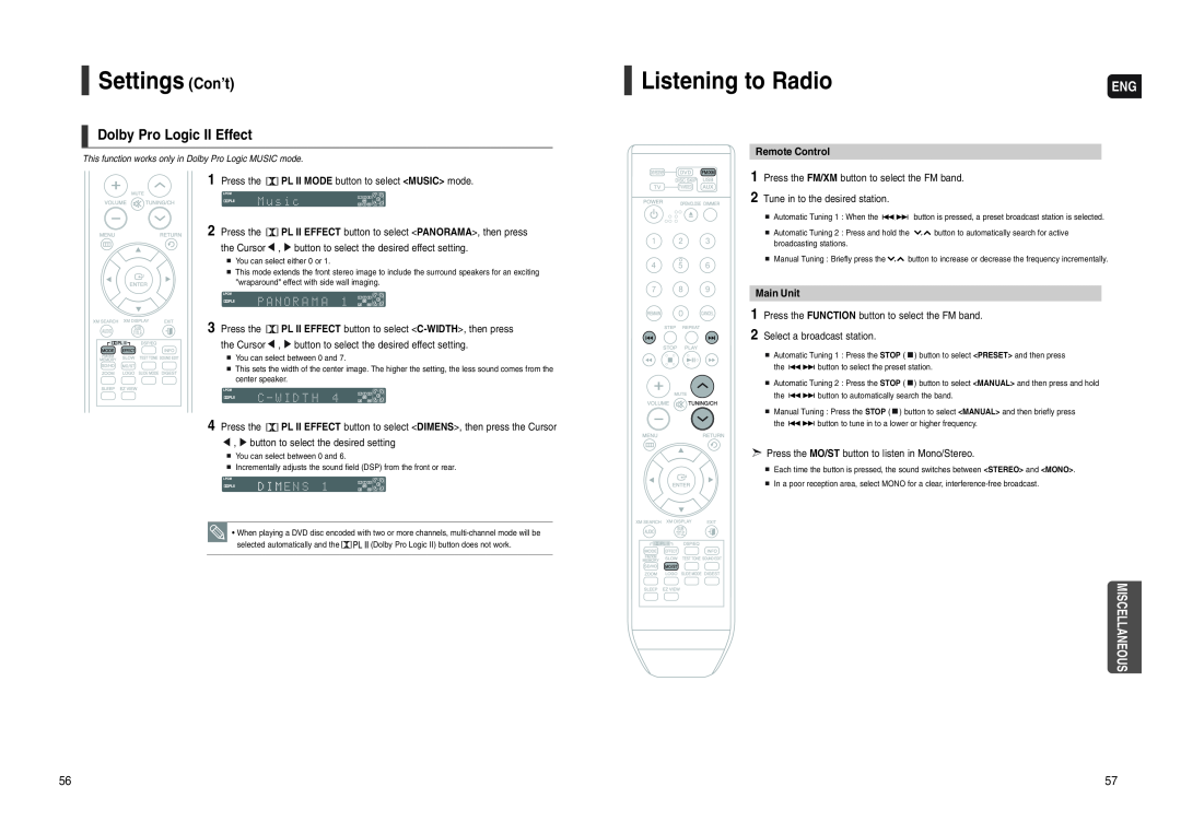 Samsung HT-WX70 instruction manual Listening to Radio, Dolby Pro Logic II Effect, Miscellaneous, Settings Con’t 