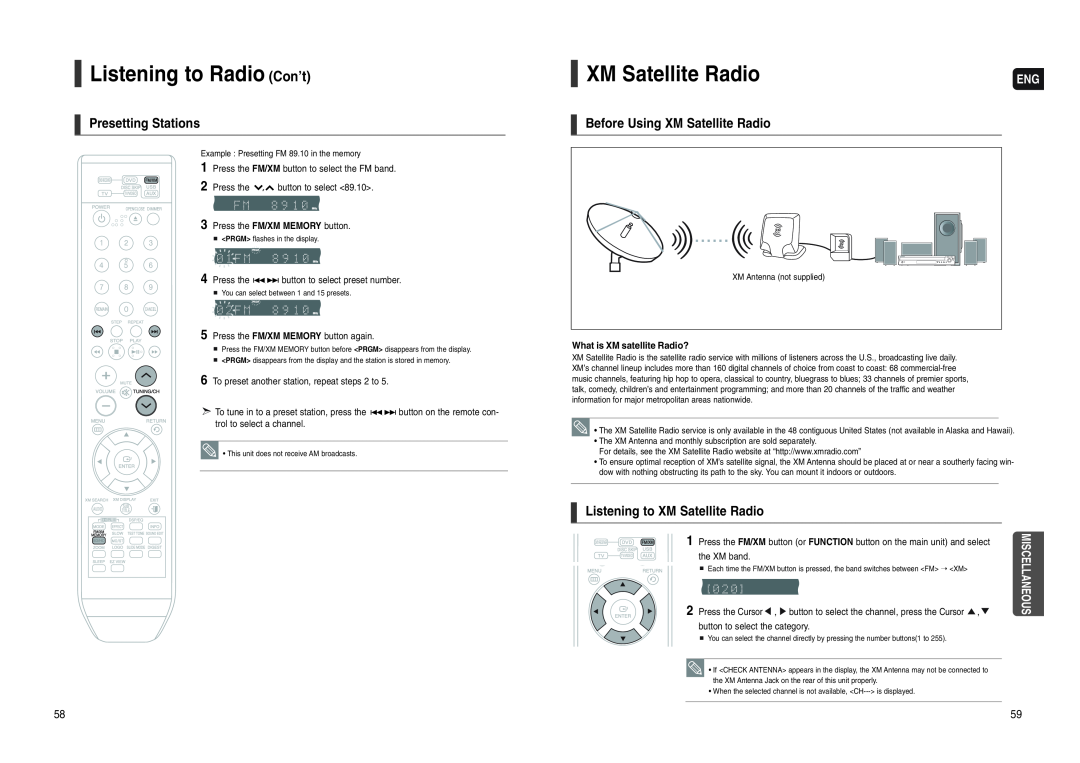 Samsung HT-WX70 instruction manual Listening to Radio Con’t, Presetting Stations, Before Using XM Satellite Radio 