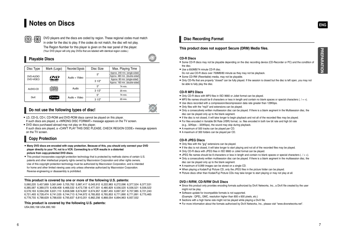 Samsung HT-WX70 instruction manual Notes on Discs, Playable Discs, Do not use the following types of disc, Copy Protection 