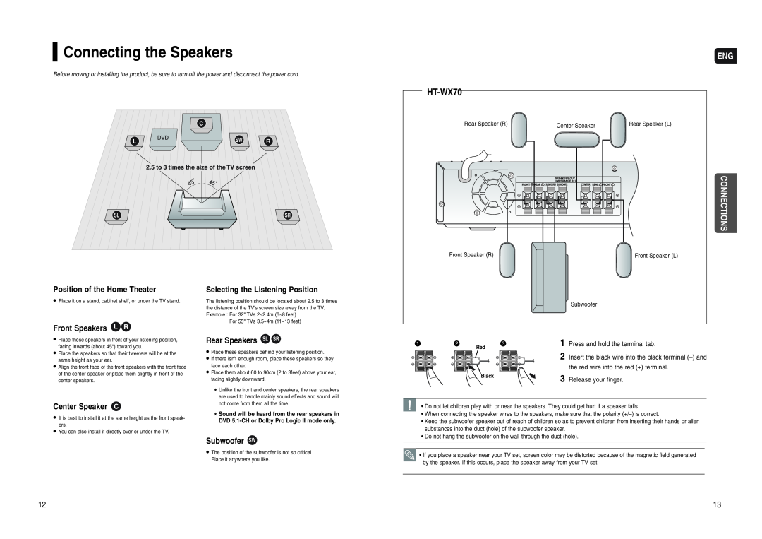 Samsung HT-WX70 instruction manual Connecting the Speakers, Connections, Press and hold the terminal tab 