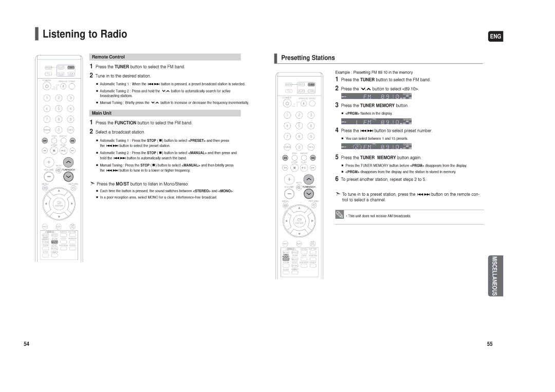 Samsung HT-TX22, HT-X20, HT-TX25 instruction manual Listening to Radio, Presetting Stations, Remote Control, Main Unit 