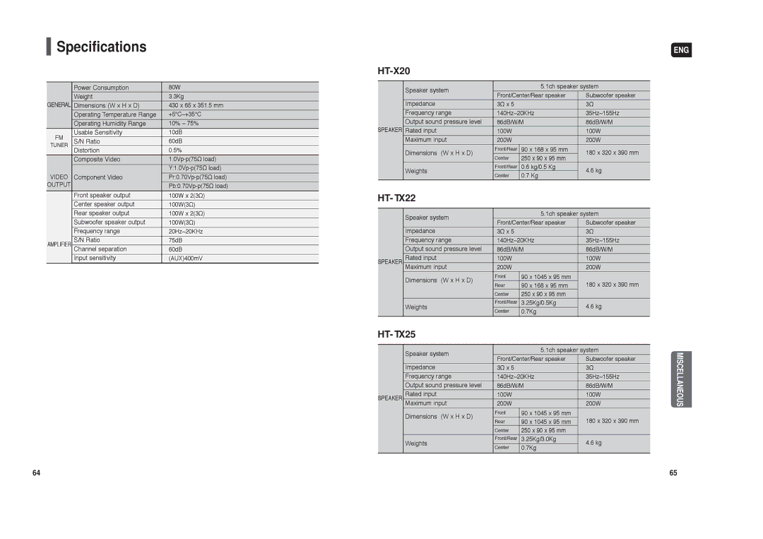 Samsung HT-X20, HT-TX22, HT-TX25 instruction manual Specifications 