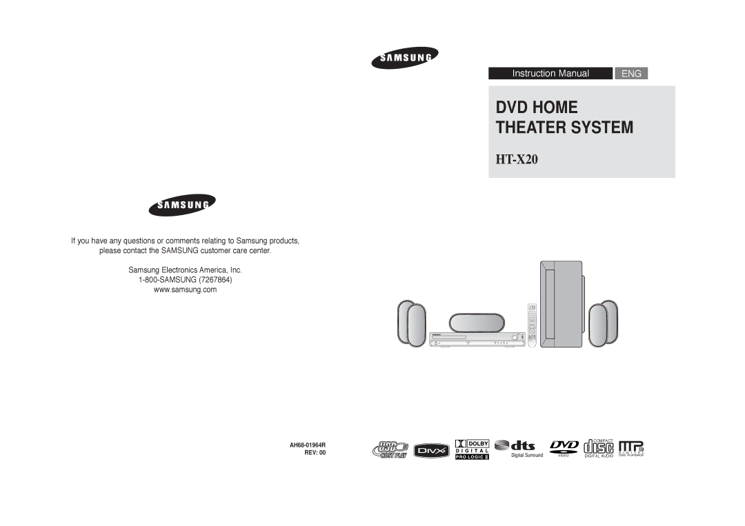 Samsung HT-X20 instruction manual DVD Home Theater System, AH68-01964R6 0E REV 