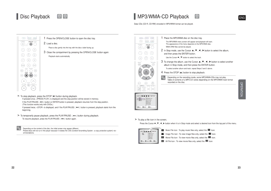 Samsung HT-X20 instruction manual Disc Playback DVD CD, MP3/WMA-CD Playback MP3 