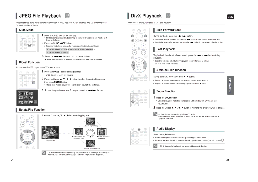 Samsung HT-X20 instruction manual Jpeg File Playback Jpeg, DivX Playback DivX 