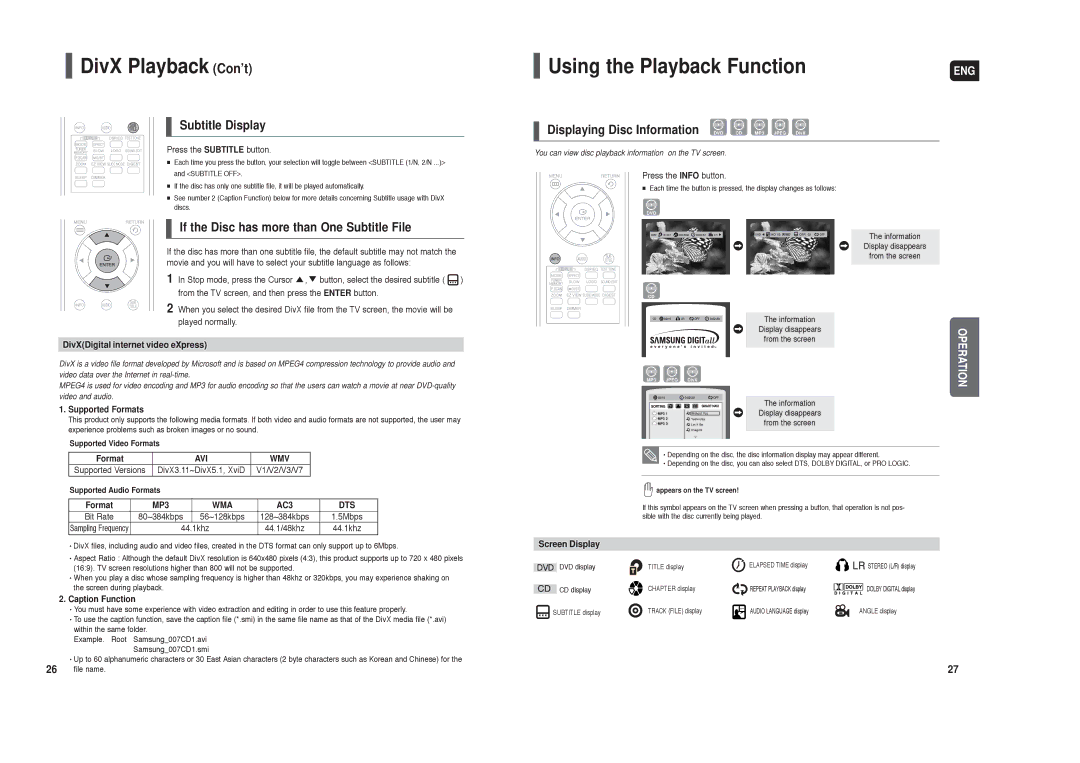 Samsung HT-X20 instruction manual DivX Playback Con’t, Using the Playback Function, Subtitle Display 