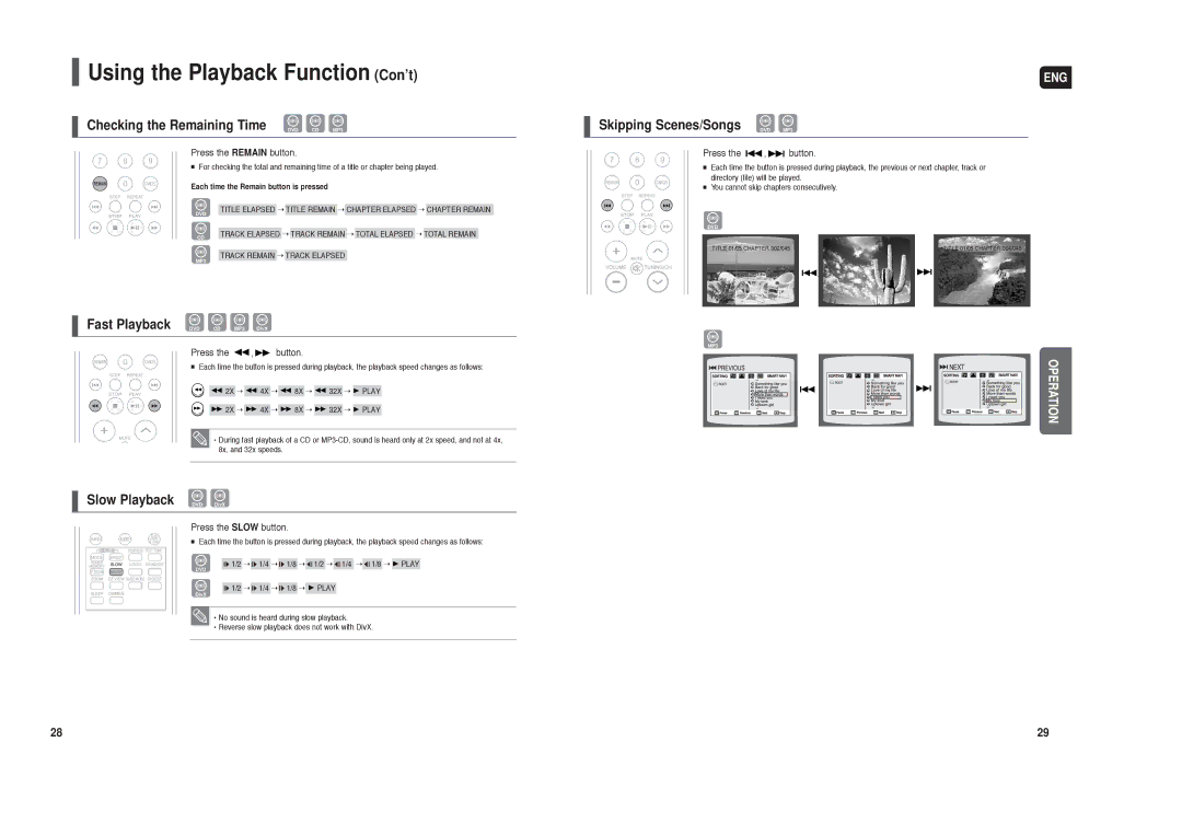 Samsung HT-X20 Using the Playback Function Con’t, Checking the Remaining Time DVD CD MP3, Slow Playback DVD DivX 