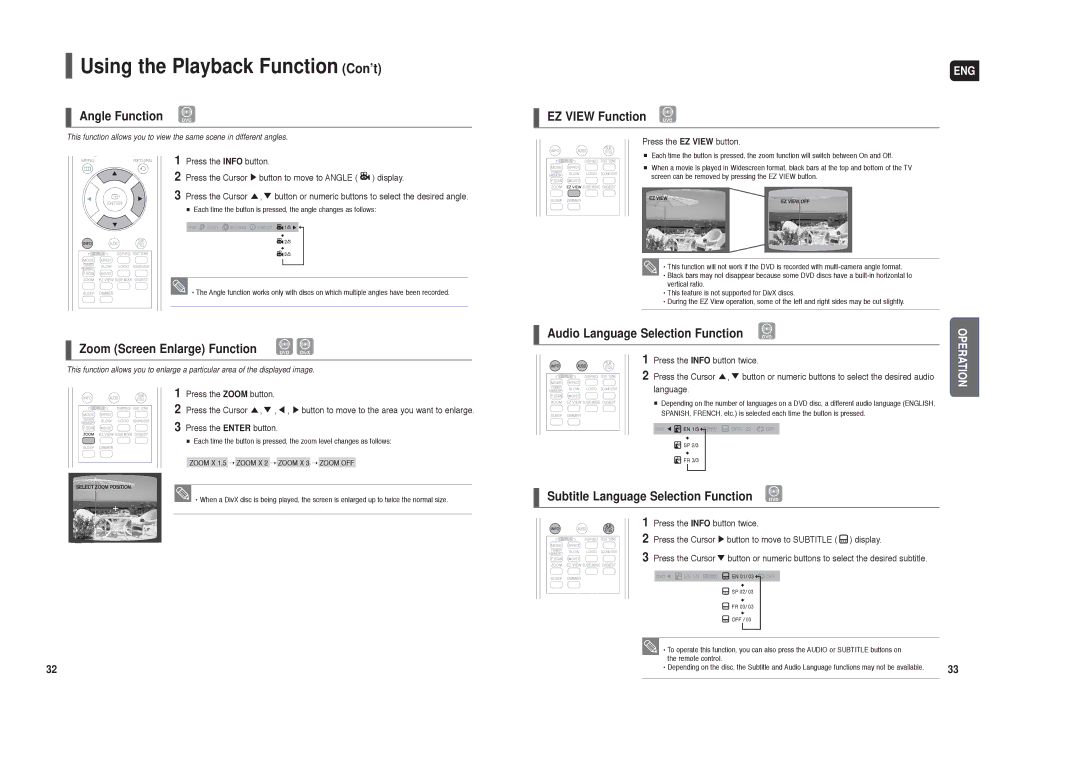 Samsung HT-X20 instruction manual Angle Function DVD, Zoom Screen Enlarge Function DVD DivX, EZ View Function DVD 