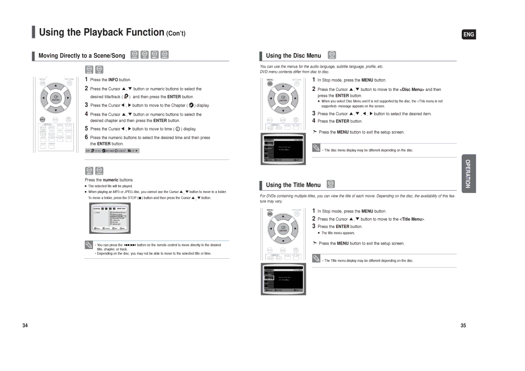 Samsung HT-X20 Moving Directly to a Scene/Song, Using the Disc Menu DVD, Using the Title Menu DVD, Enter button 