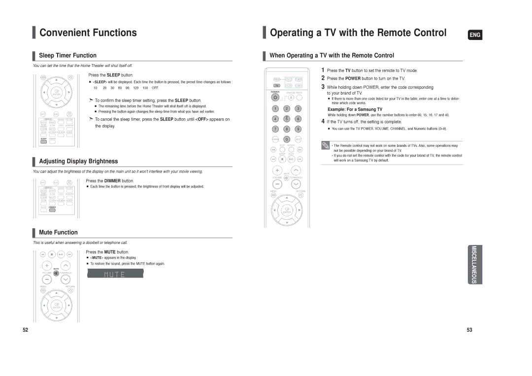 Samsung HT-X20 instruction manual Convenient Functions, Operating a TV with the Remote Control 