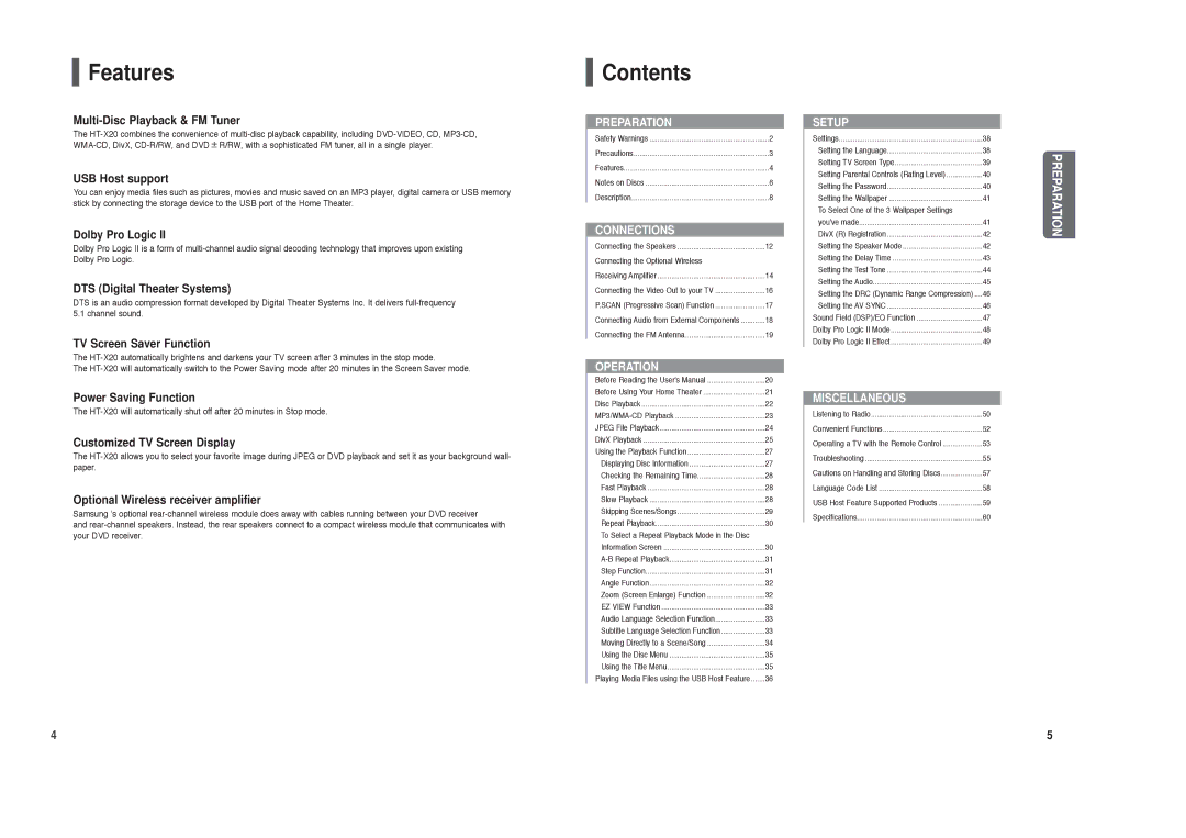 Samsung HT-X20 instruction manual Features, Contents 