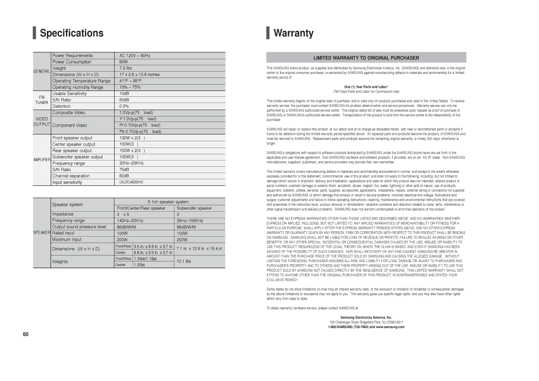 Samsung HT-X20 instruction manual Specifications, Warranty 