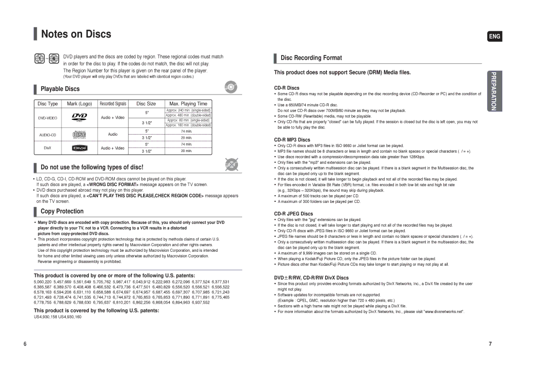 Samsung HT-X20 This product is covered by the following U.S. patents, This product does not support Secure DRM Media files 