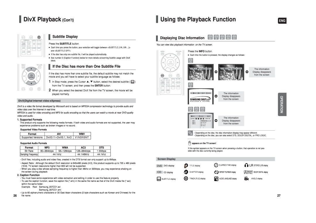 Samsung HT-X20 instruction manual DivX Playback Con’t, Using the Playback Function, Subtitle Display 