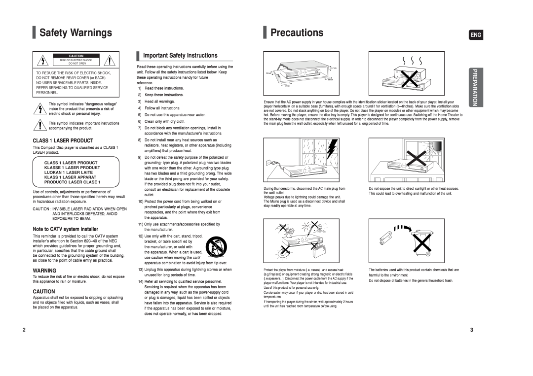 Samsung HT-X20 instruction manual Safety Warnings, Precautions, Important Safety Instructions, Preparation 