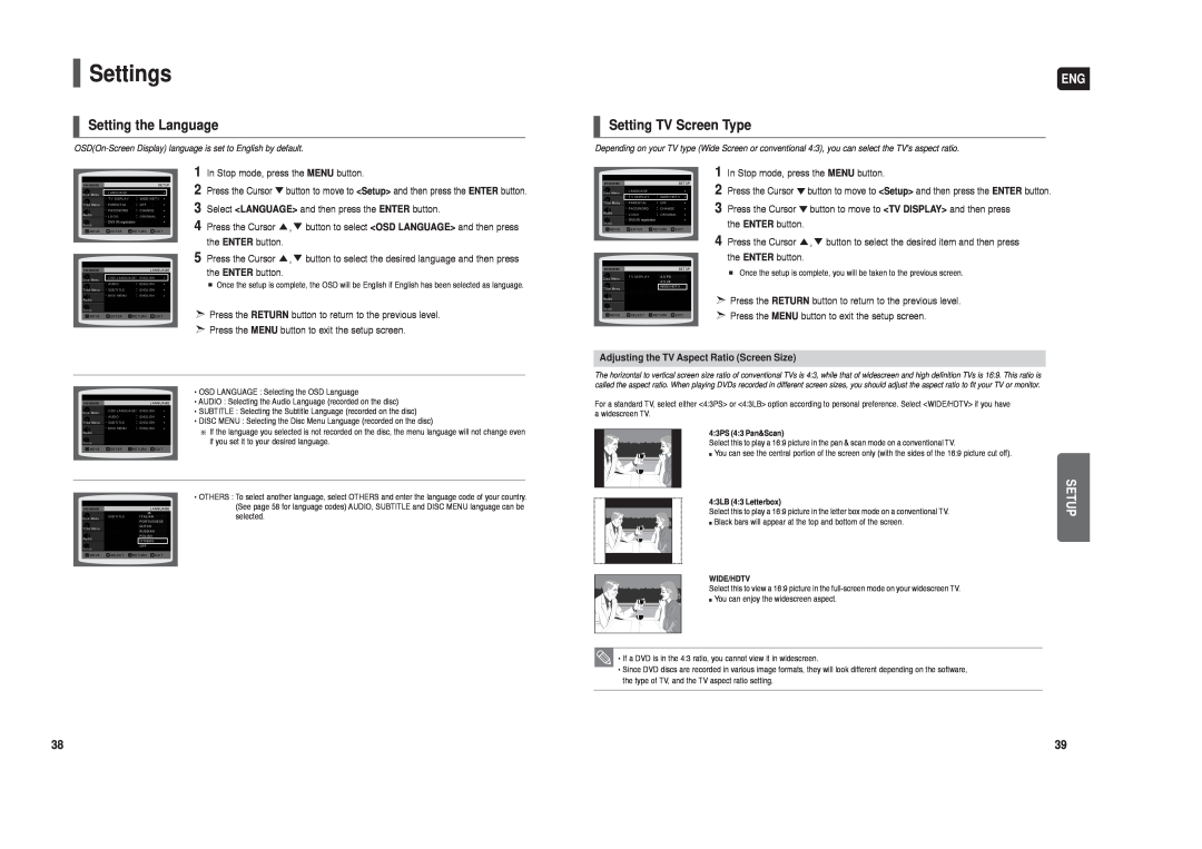 Samsung HT-X20 instruction manual Settings, Setting the Language, Setting TV Screen Type 