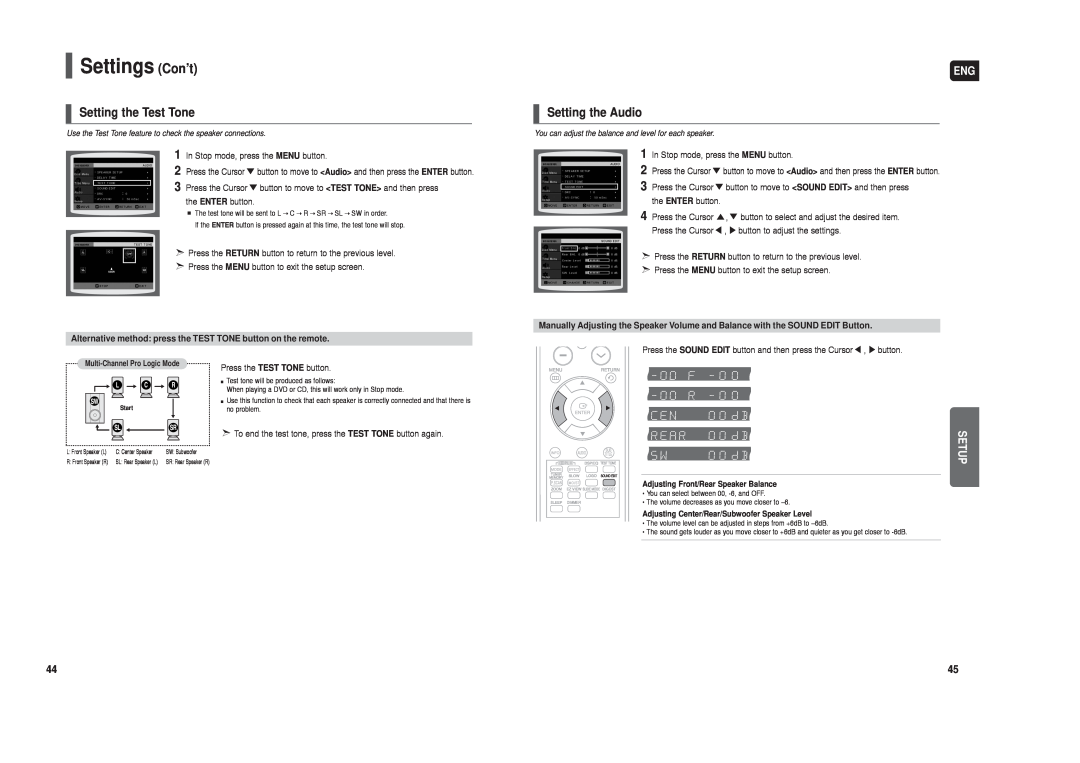 Samsung HT-X20 instruction manual Setting the Test Tone, Setting the Audio, Settings Con’t, Setup 