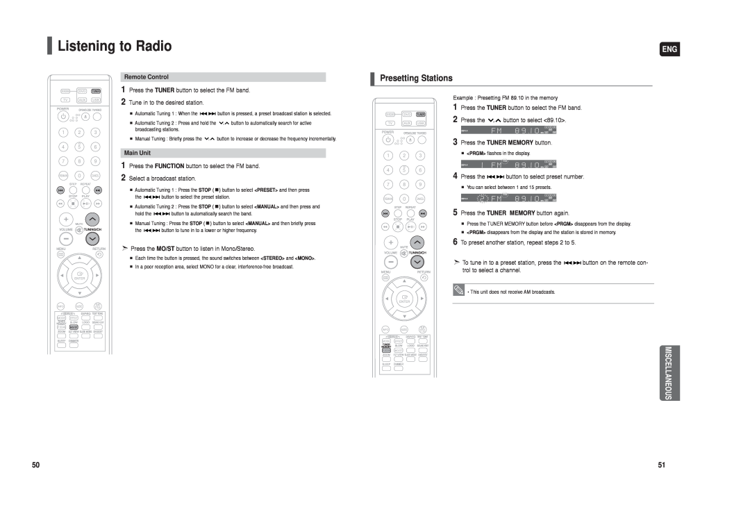 Samsung HT-X20 instruction manual Listening to Radio, Presetting Stations, Miscellaneous 