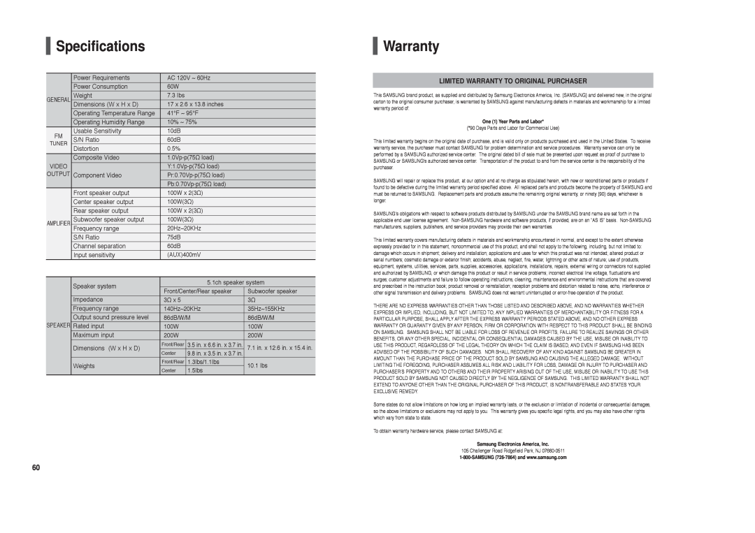 Samsung HT-X20 instruction manual Specifications, Limited Warranty To Original Purchaser 