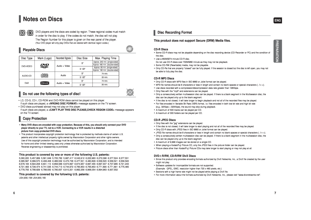 Samsung HT-X20 instruction manual Notes on Discs, Playable Discs, Do not use the following types of disc, Copy Protection 