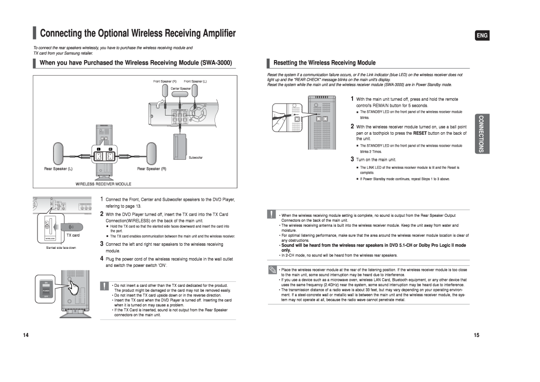 Samsung HT-X20 instruction manual Resetting the Wireless Receiving Module 