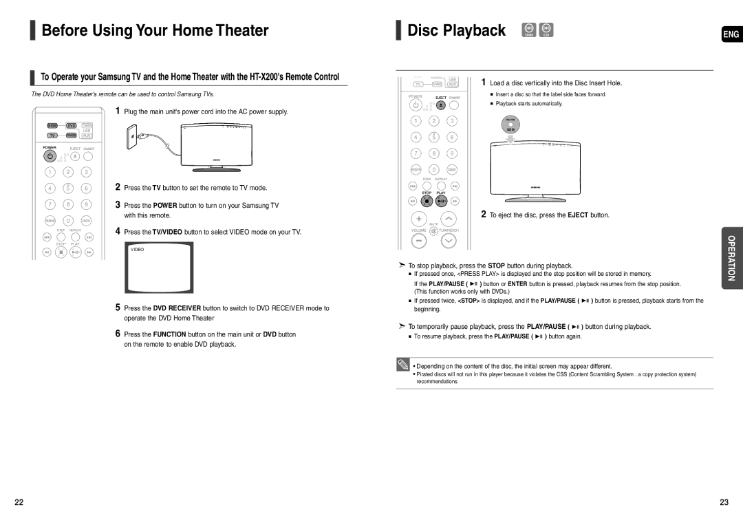 Samsung HT-X200 Before Using Your Home Theater, Disc Playback DVD CD, Load a disc vertically into the Disc Insert Hole 