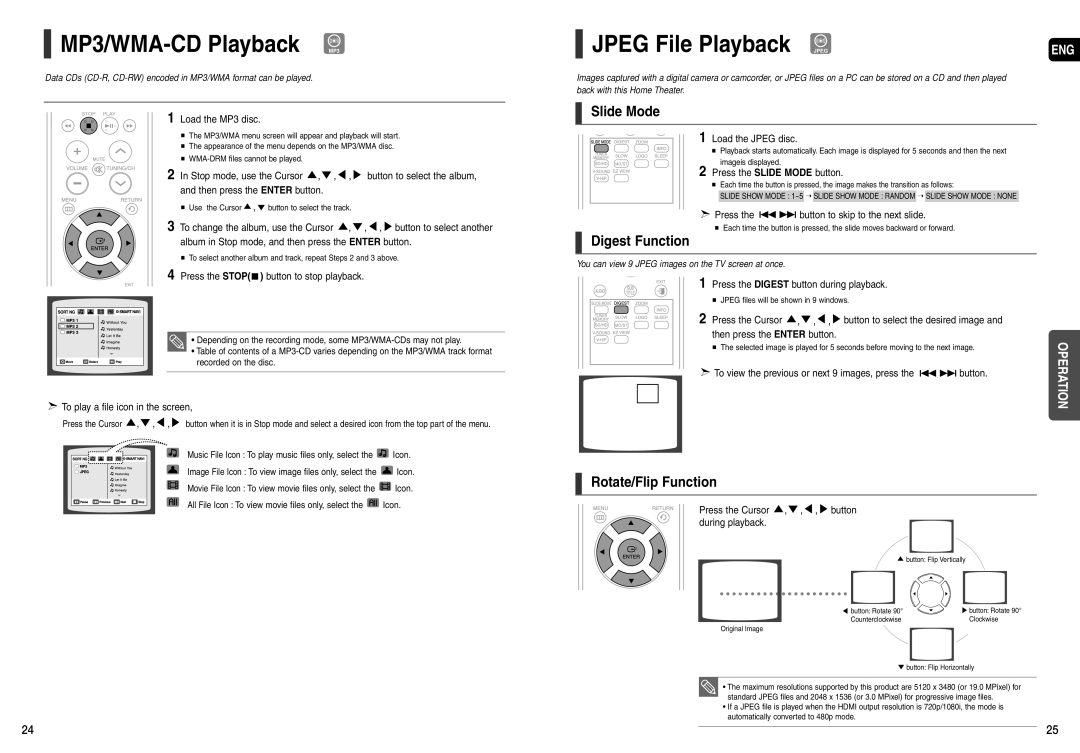 Samsung HT-X200 MP3/WMA-CD Playback MP3, Jpeg File Playback Jpeg, Slide Mode, Digest Function, Rotate/Flip Function 