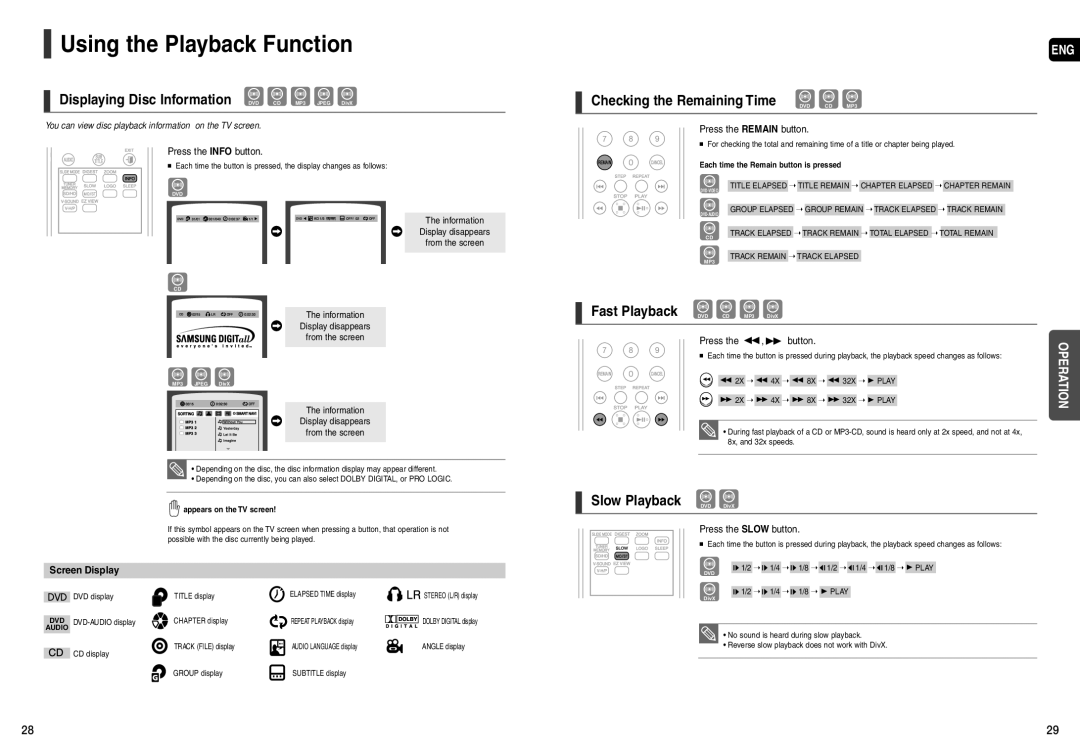 Samsung HT-X200 Using the Playback Function, Displaying Disc Information DVD CD MP3 Jpeg DivX, Slow Playback DVD DivX 