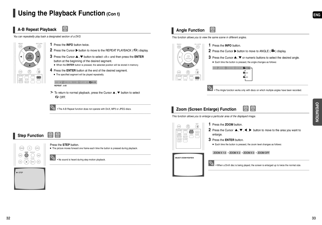 Samsung HT-X200 instruction manual Repeat Playback DVD, Step Function DVD DivX, Zoom Screen Enlarge Function DVD DivX 