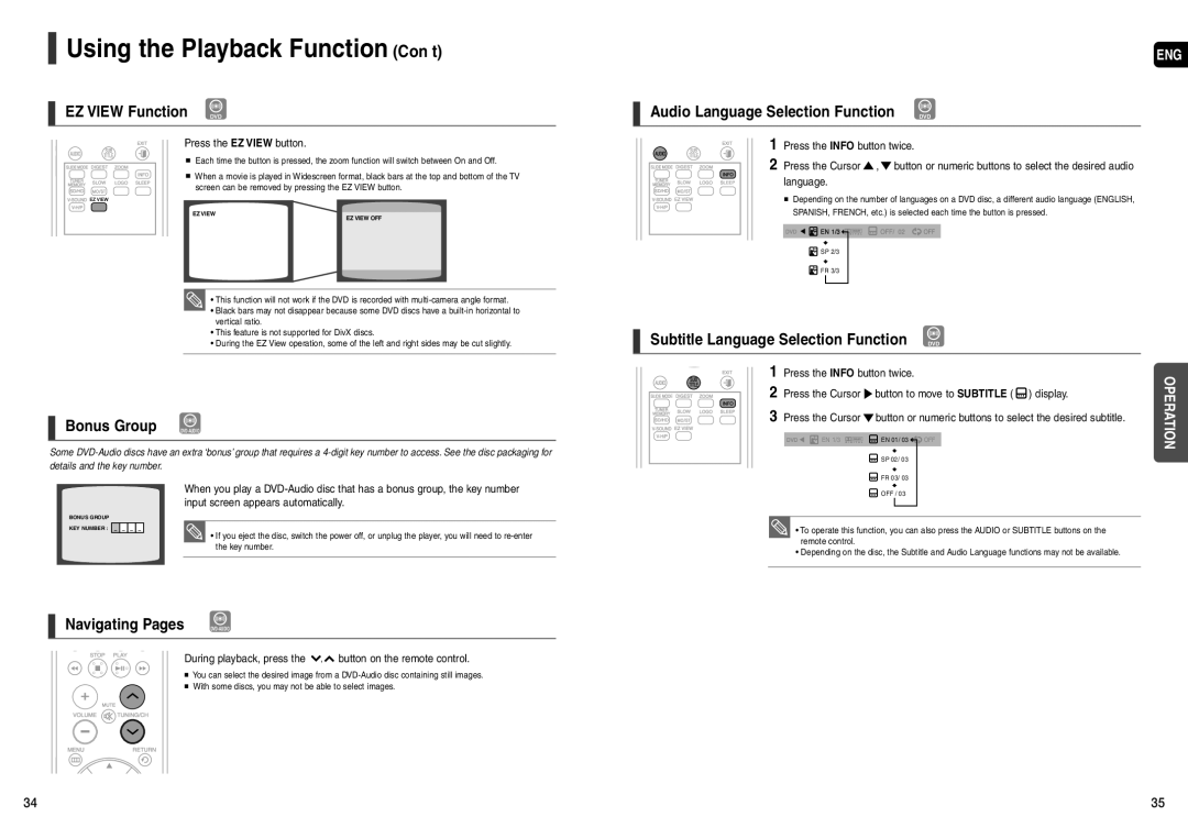 Samsung HT-X200 instruction manual EZ View Function DVD, Bonus Group DVD-AUDIO, Subtitle Language Selection Function DVD 