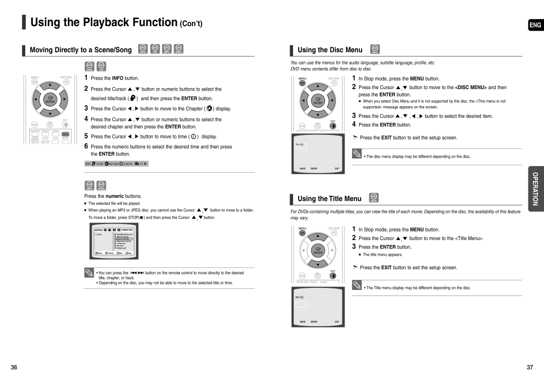 Samsung HT-X200 Using the Disc Menu DVD, Press the Cursor Button or numeric buttons to select, Press the numeric buttons 