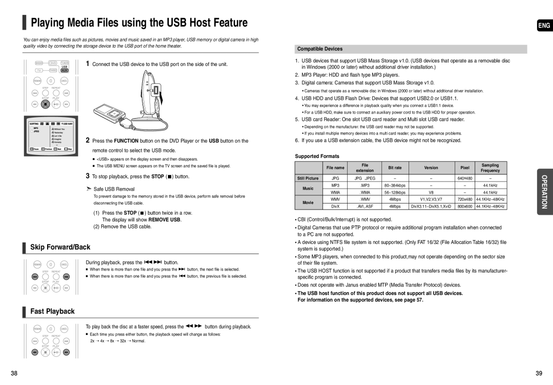 Samsung HT-X200 To stop playback, press the Stop button Safe USB Removal, Remove the USB cable, Compatible Devices 