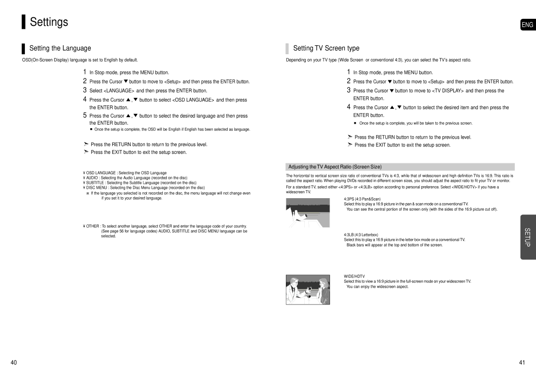 Samsung HT-X200 instruction manual Settings, Setting the Language, Setting TV Screen type 