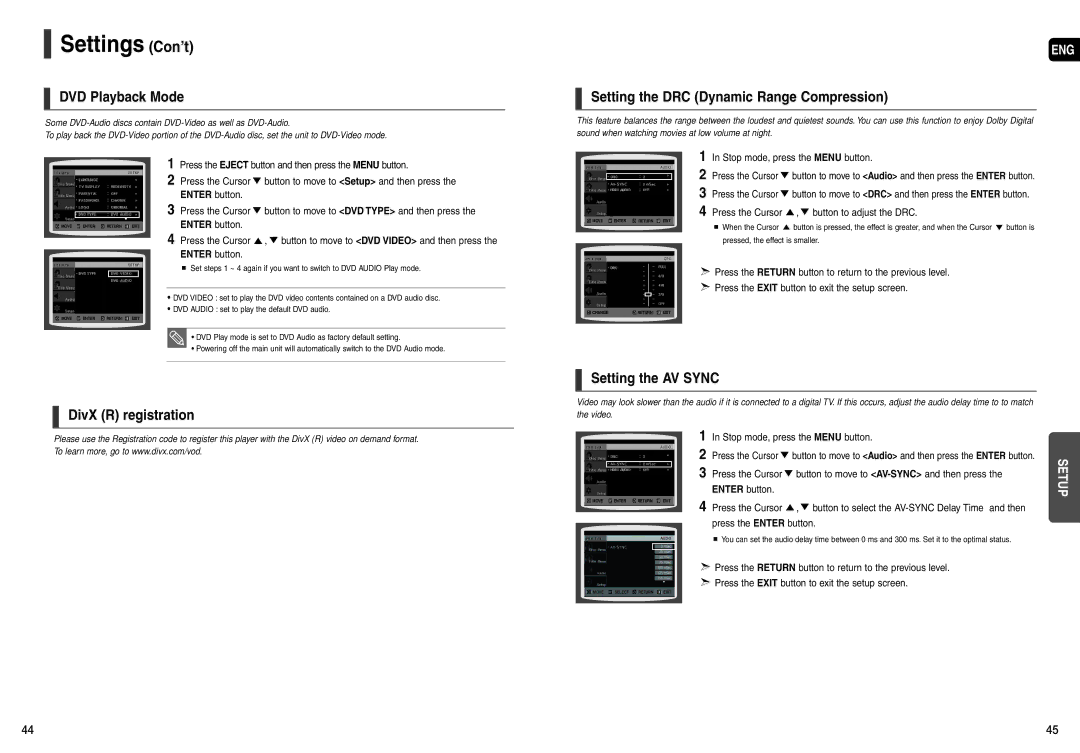 Samsung HT-X200 DVD Playback Mode, DivX R registration, Setting the DRC Dynamic Range Compression, Setting the AV Sync 