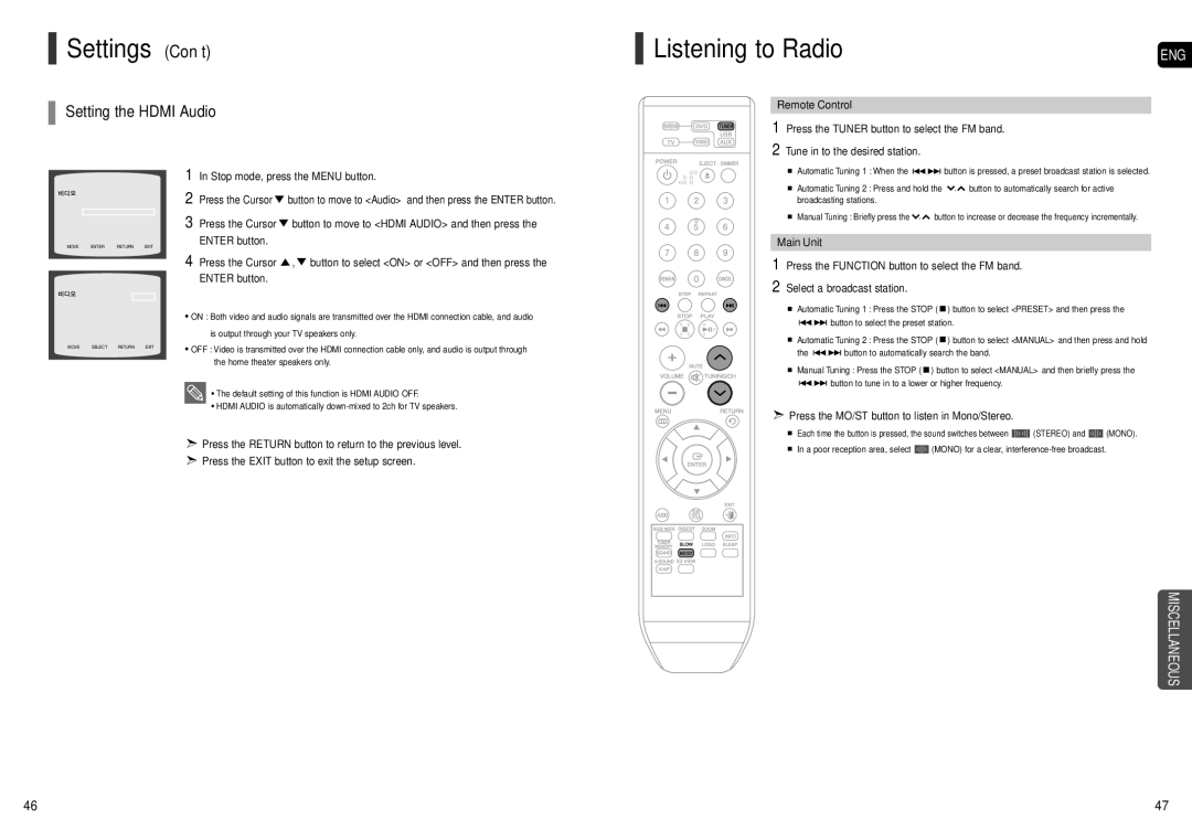 Samsung HT-X200 instruction manual Listening to Radio, Setting the Hdmi Audio, Remote Control, Main Unit 