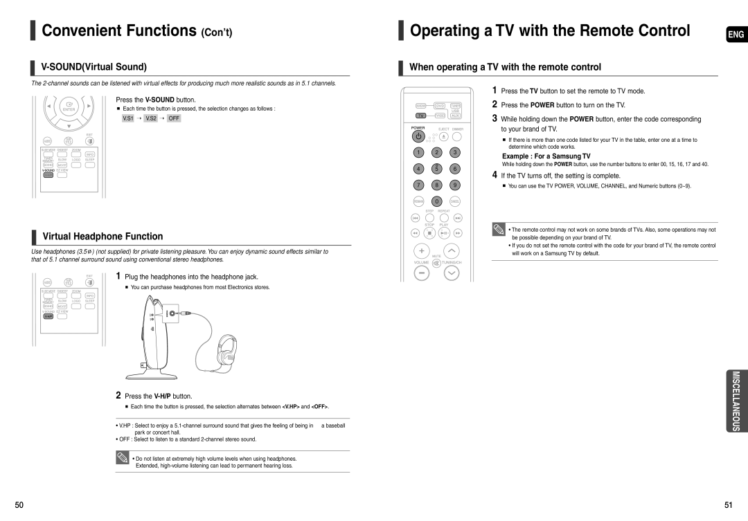 Samsung HT-X200 instruction manual Convenient Functions Con’t, Operating a TV with the Remote Control, SOUNDVirtual Sound 