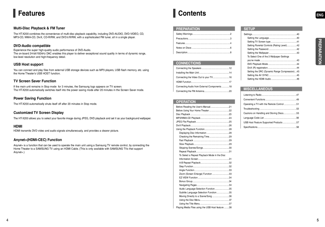 Samsung HT-X200 instruction manual Features, Contents 