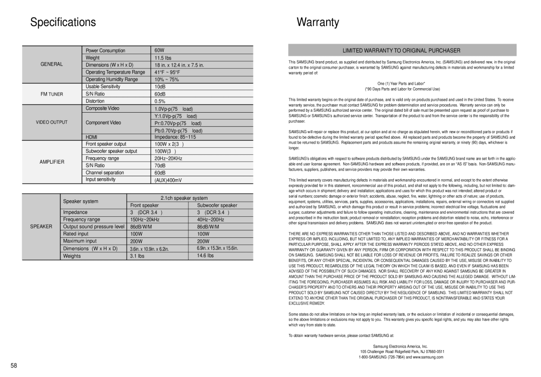 Samsung HT-X200 instruction manual Specifications, Warranty 