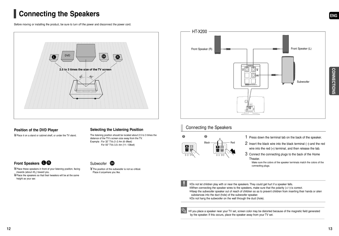 Samsung HT-X200 instruction manual Connecting the Speakers, Position of the DVD Player Selecting the Listening Position 