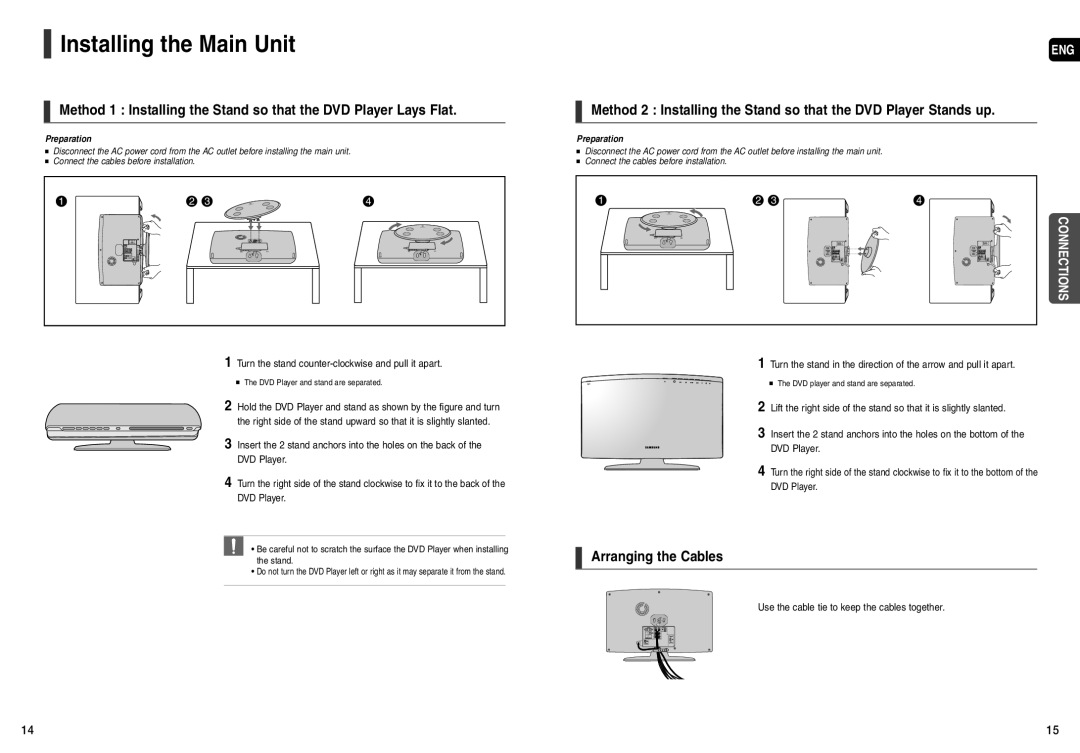 Samsung HT-X200 Installing the Main Unit, Arranging the Cables, Turn the stand counter-clockwise and pull it apart 