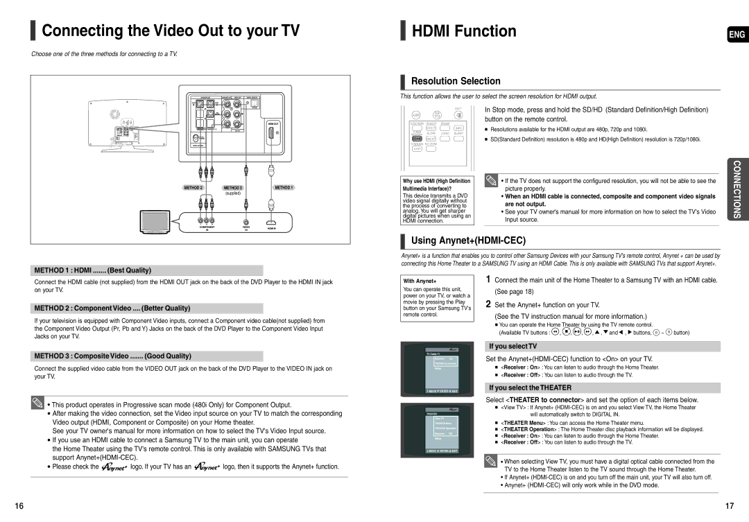 Samsung HT-X200 Connecting the Video Out to your TV, Hdmi Function, Resolution Selection, Using Anynet+HDMI-CEC 