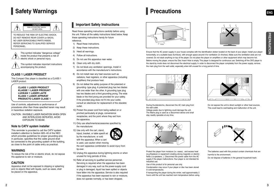 Samsung HT-X200 instruction manual Safety Warnings, Precautions, Important Safety Instructions, CLASS 1 LASER PRODUCT 