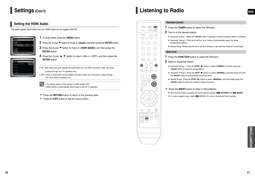 Samsung HT-X200 instruction manual Listening to Radio, Setting the HDMI Audio, Miscellaneous, Settings Con’t 