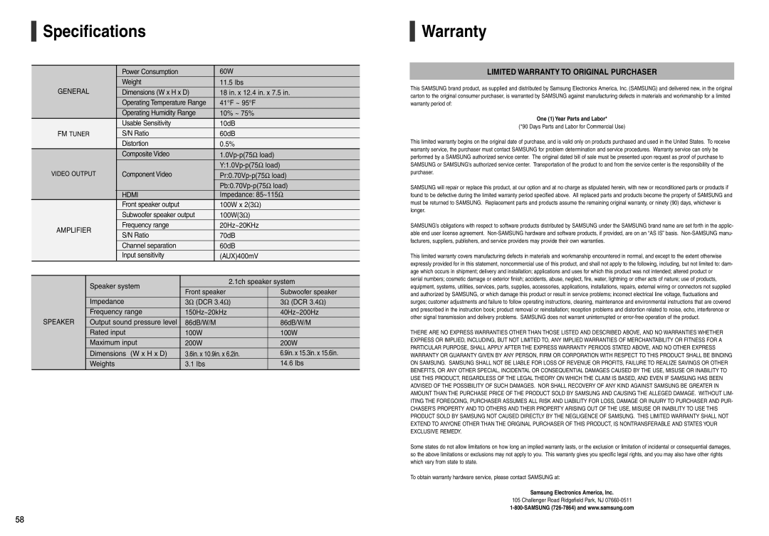 Samsung HT-X200 instruction manual Specifications, Limited Warranty To Original Purchaser 