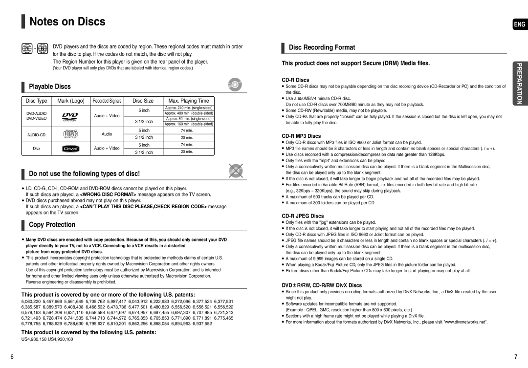 Samsung HT-X200 Notes on Discs, Playable Discs, Do not use the following types of disc, Copy Protection, CD-RDiscs 