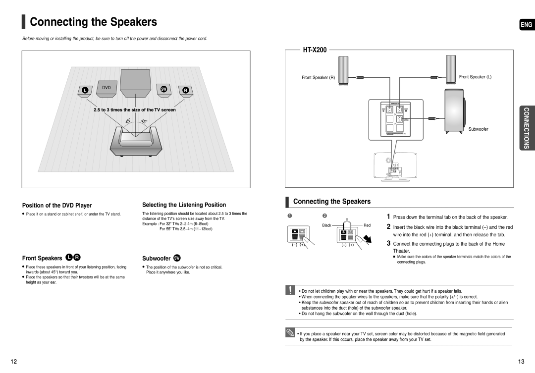 Samsung HT-X200 Connecting the Speakers, Position of the DVD Player, Selecting the Listening Position, Front Speakers L R 
