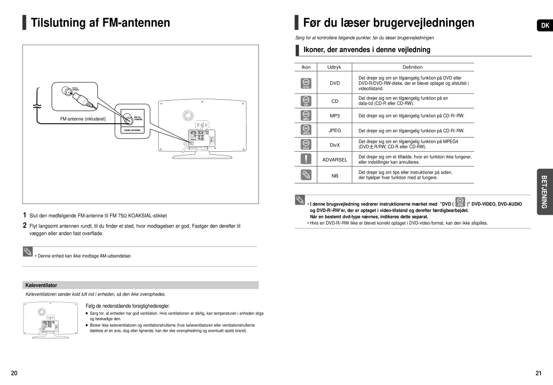 Samsung HT-X200R/XEE manual Tilslutning af FM-antennen, Ikoner, der anvendes i denne vejledning, Køleventilator 